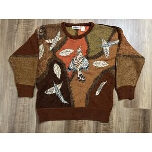 Vintage Mariea Kim Sweater Womens Medium Brown Bird Leaves Art Knit Pullover 80s